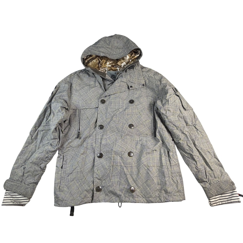 Burton The White Collection Snowboard Jacket XL Grey Plaid Double Breasted Hood